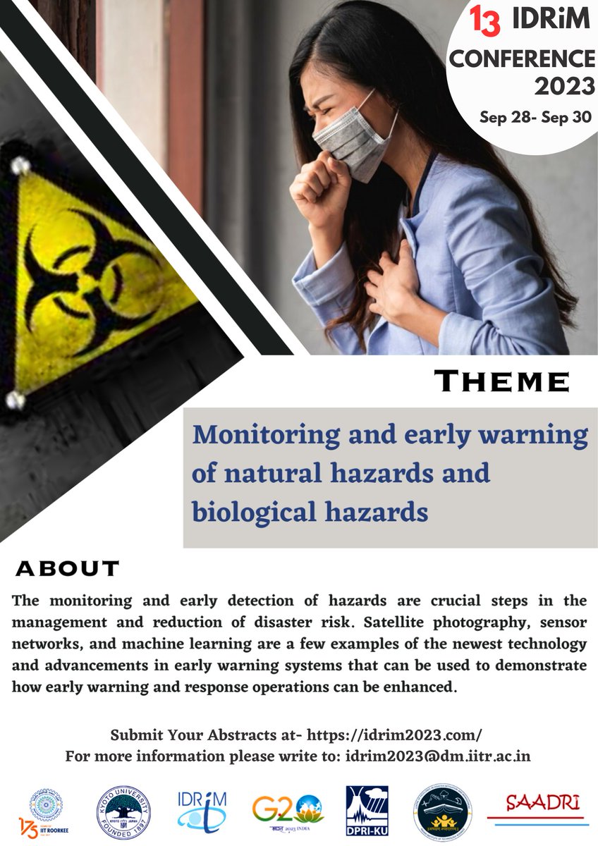 #Earlywarningforall for all hazards
#Researchers and #Practitioners working on monitoring and #earlywarning of natural and biological hazards consider engaging in dialogue at #IDRiM2023
Abstract submission: conf.iitroorkee.in/abstract-submi…
@iitroorkee