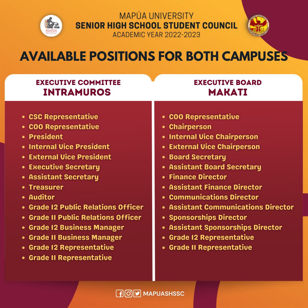 MapuaSHSSC's tweet photo. 📣 𝗦𝗘𝗡𝗜𝗢𝗥 𝗛𝗜𝗚𝗛 𝗦𝗖𝗛𝗢𝗢𝗟 𝗦𝗧𝗨𝗗𝗘𝗡𝗧 𝗟𝗘𝗔𝗗𝗘𝗥𝗦, 𝗪𝗘’𝗥𝗘 𝗟𝗢𝗢𝗞𝗜𝗡𝗚 𝗙𝗢𝗥 𝗬𝗢𝗨!📣

The search for 𝗔𝗦𝗣𝗜𝗥𝗔𝗡𝗧𝗦✨to join the Mapúa SHS Student Council and 

1/6 https://t.co/CStsRPF2hn