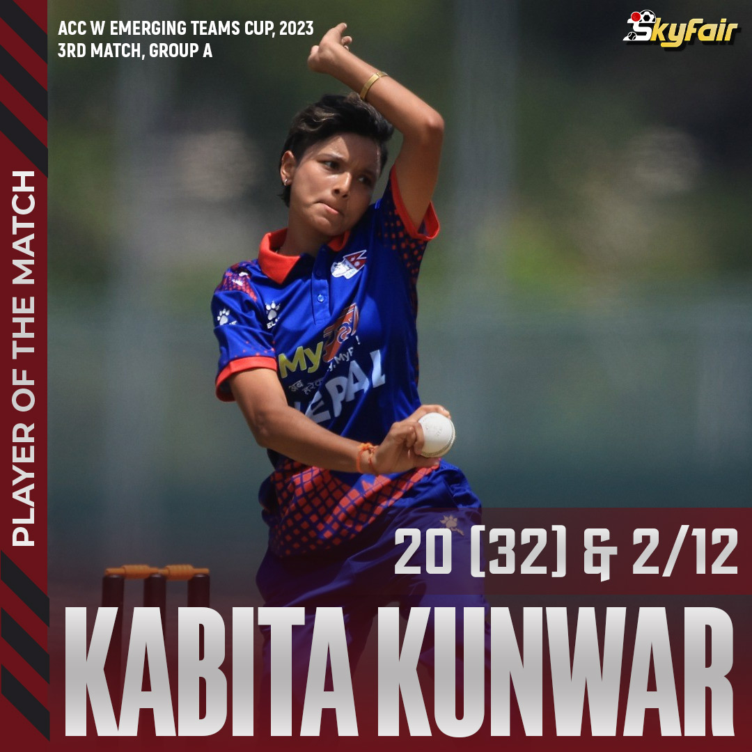 SkyFairsports's tweet photo. Kabita Kunwar stands out in Nepal's loss, named Player of the Match for her impressive performance, taking two wickets and scoring 20 runs.

#EmergingCup #ACC #Cricket #KabitaKunwar #SkyFair https://t.co/IEQ3MfnLym