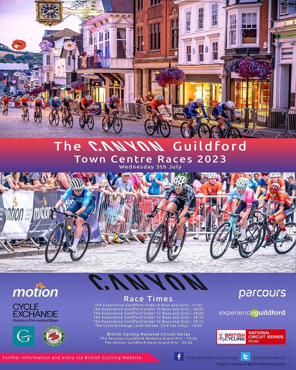 Charlotteville Cycling Club are delighted to welcome @CanyonUK as our headline sponsor for the 2023 Guildford Town Centre Races. We are also delighted to welcome new sponsor Cycle Exchange alongside existing sponsors @rideparcours , @MotionInsight and @ExperienceGford #Guildford