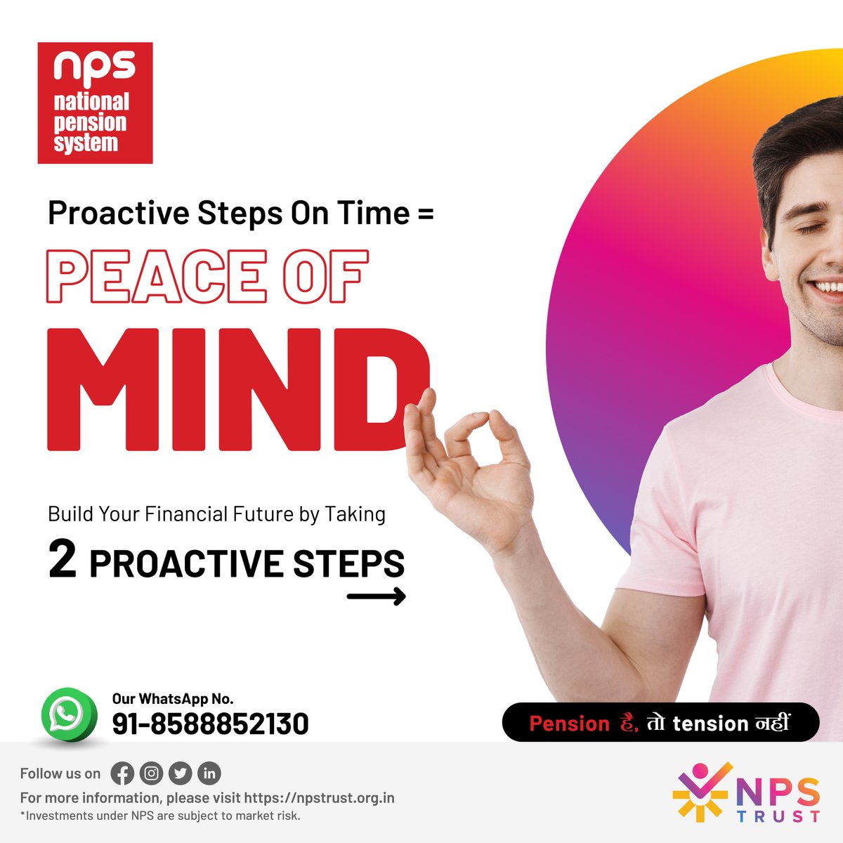 nps_trust's tweet photo. 2️⃣ Essential Steps will help you take control of your financial future: #Start_Now &amp; embrace #consistency.
Join #NPS Today! Your future self will thank you for it. ✌🏻
Share it with your #friend who deserves a future filled with #financialfreedom.😊

#PensionHaiToTensionNahi https://t.co/n6Vq0sDzMf