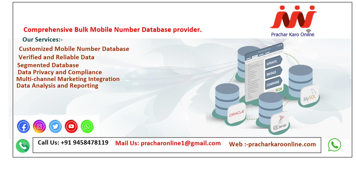 pracharonline1's tweet photo. Hi
Comprehensive Bulk Mobile No Database provider.
@pracharkaroonline Services:
Customized Mobile Number Database
Verified and Reliable Data
Segmented Database
Data Privacy and Compliance
Multi-channel Marketing Integration
Data Analysis and Reporting
https://t.co/Yo9kwHgZGZ https://t.co/Vq7mjD7AZI