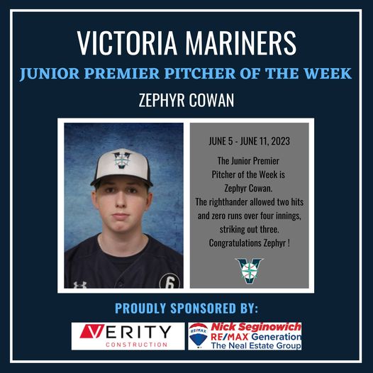 VicMariners's tweet photo. The Victoria Mariners JP Pitcher of the Week is Zephyr Cowan.
Pitcher of the Week is sponsored by Nick Seginowich Real Estate (https://t.co/D2emT7MQyg) and Verity Construction. https://t.co/F7ihSBWEvC (@VerityDevelopme )
Congratulations Zephyr! https://t.co/uW9P6JsjFo