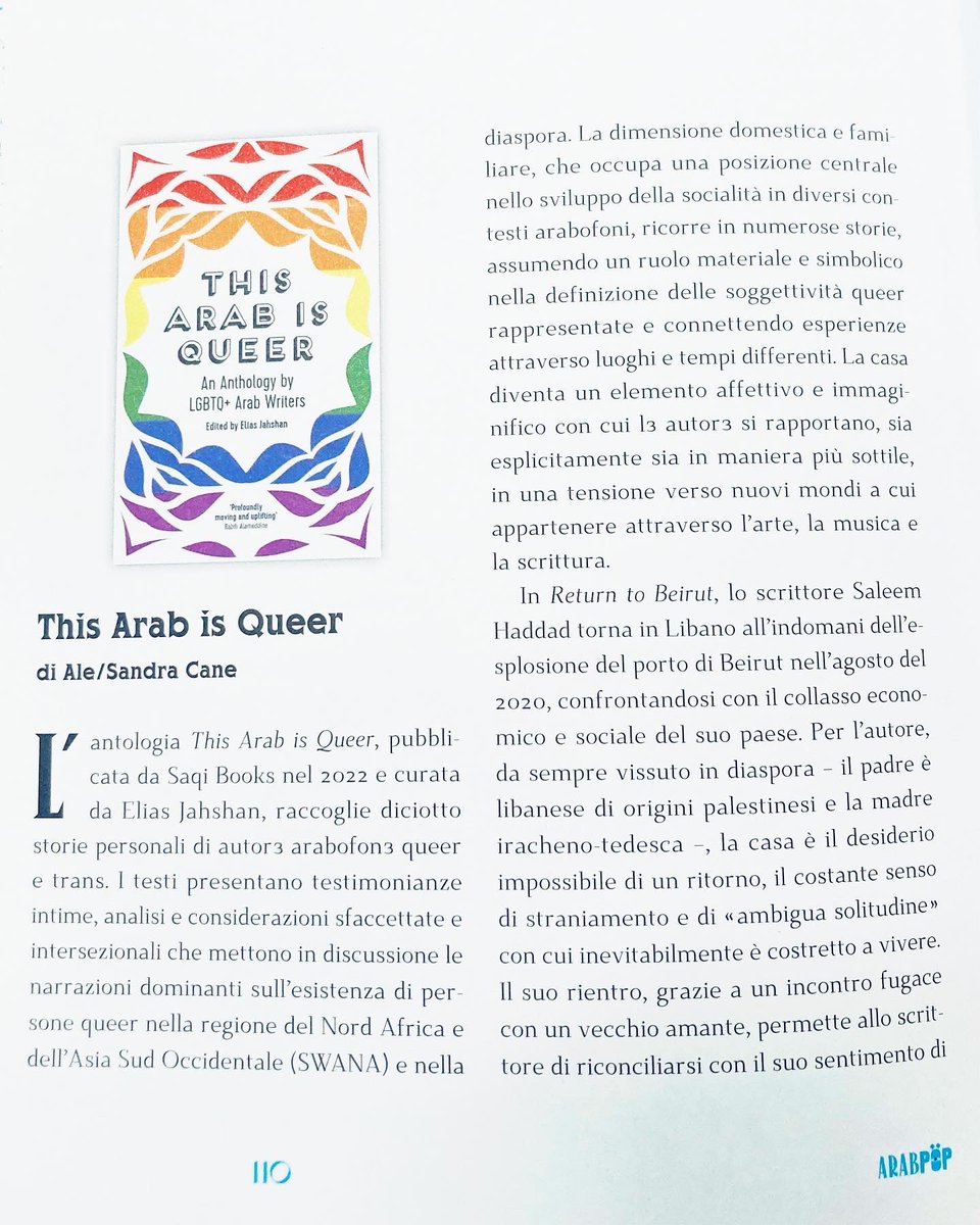 Sono felice di far parte del nuovo numero di <a href="/Arabpop1/">Arabpop_larivista</a> dedicato alla ‘casa’ con una recensione di “This Arab is Queer”, un’antologia curata da <a href="/Elias_Jahshan/">Elias Jahshan | الياس جهشان</a> che raccoglie 18 storie di autor* arabofon* queer e trans. 

tamuedizioni.com/?arabpop=n4
