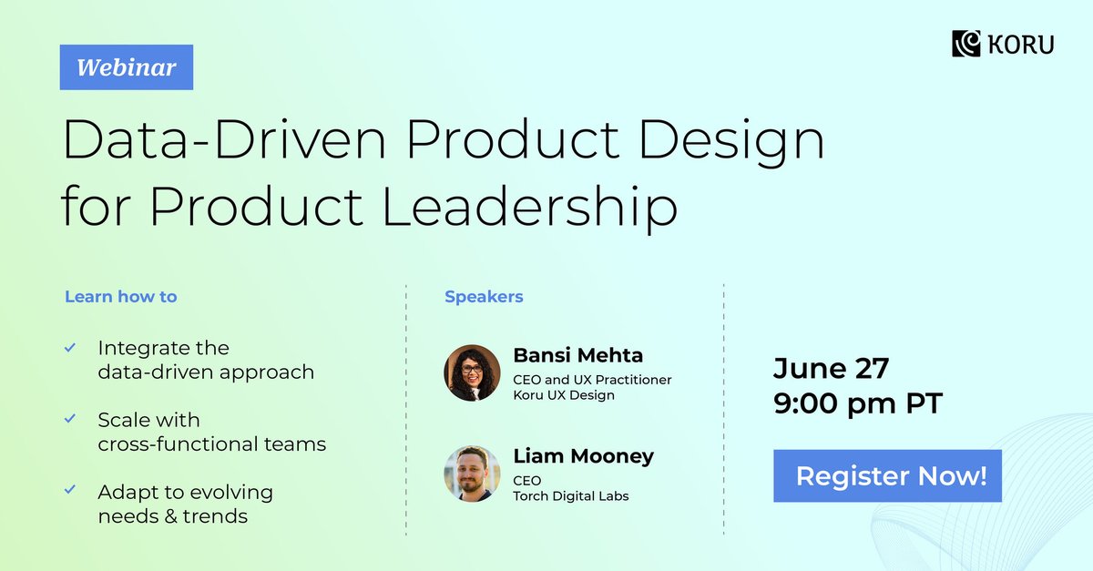 koru_ux's tweet image. Learn how to seamlessly integrate the data-driven approach into your product strategy. Attend our free webinar by signing up here bit.ly/43YTIVV 

#ProductLeaders #DataDrivenDecisionMaking #UXImprovements #ProductManagement #UserExperience #ProductDesign #Webinar