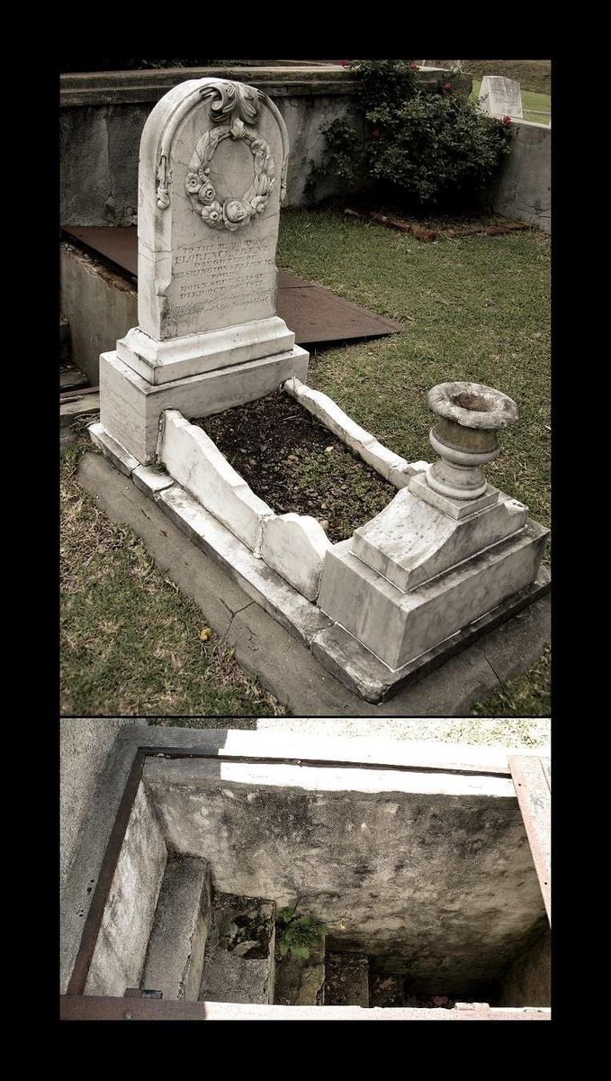 This is the grave of ten-year-old Florence Irene Ford, who died in 1871 of yellow fever. The story goes that Florence was afraid of thunderstorms, and her mother, not wanting her to be alone during the storms, had steps built leading six feet down to her daughter's grave, with a
