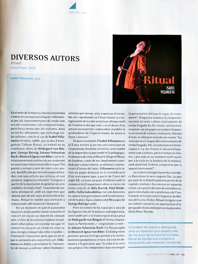 VillanuevaViola's tweet photo. RITUAL "Disc del mes" en la Revista 440 @enderrock
Gràcies💜 #violapower
"Ritual és també una invitació a trascendir allo material i temporal.(...) El disc Ritual s'erigeix com un treball convertit en oportunitat d'or per gaudir d'un intèrpret en majúscules." @Oriol67638017 https://t.co/BMGPAmqxYK