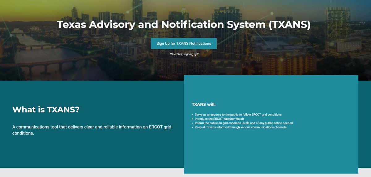 @ERCOT_ISO .@ERCOT_ISO recently announced a new notification system called TXANS which is supposed to notify us of 'Forecasted possible significant weather and high demand'

I signed up for it (it's not very easy to do) and have yet to receive an alert for this week. We'll see!