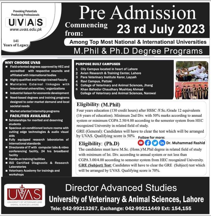 dr_rashid_malik's tweet photo. Pre Admission advertisement for Post-graduate programs of UVAS Lahore Pakistan 🇵🇰
#uvas #lahore #FallAdmissions #careers #education #masterdegree #postgraduate #MPhil #PhD #uvasadmissions #veterinary #university #EducationInPakistan https://t.co/wuuzIVOvFk