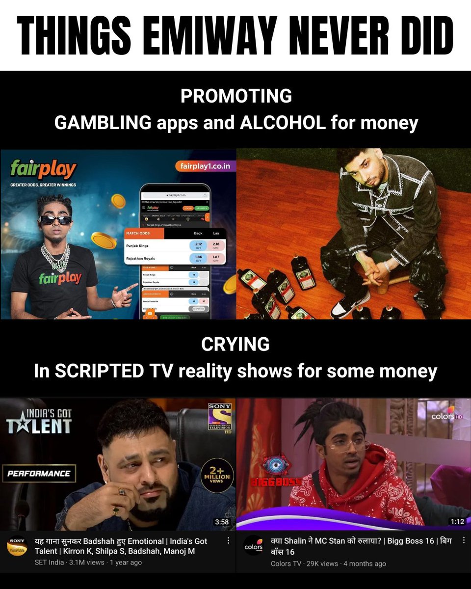 AWavikar's tweet photo. "SUNTE CHOTE BACCHE MEKO SCHOOL KE "😭🤡
Aur phir betting apps promote karte hai Bhai lmao😂🤡
Ek bh@dwa Daaru promote karta aur dusra betting apps 
#EmiwayBantai𓃵 
#MCStan 
#mutramandal
#bkp https://t.co/zuLBG0IGJb