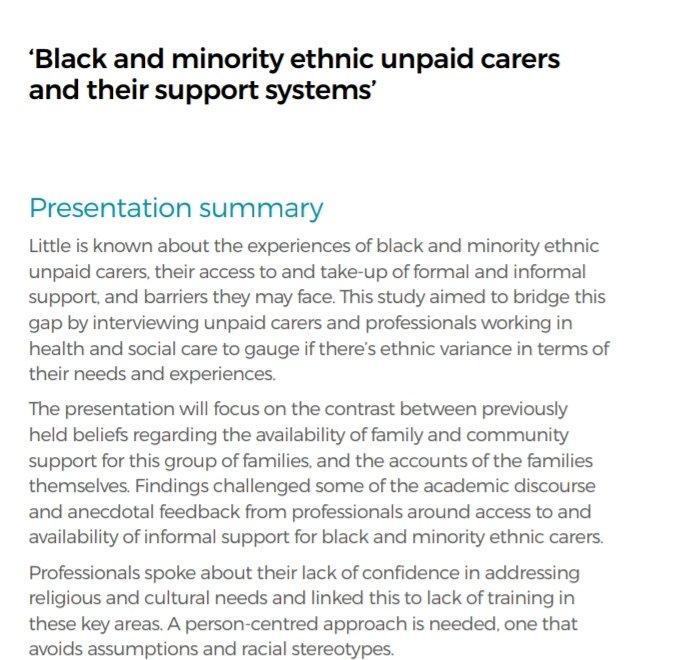 Wahida Kent @Swanseauniversity - 'Black and Minority ethnic unpaid carers would love to access social care services, religion and culture are not barriers'.