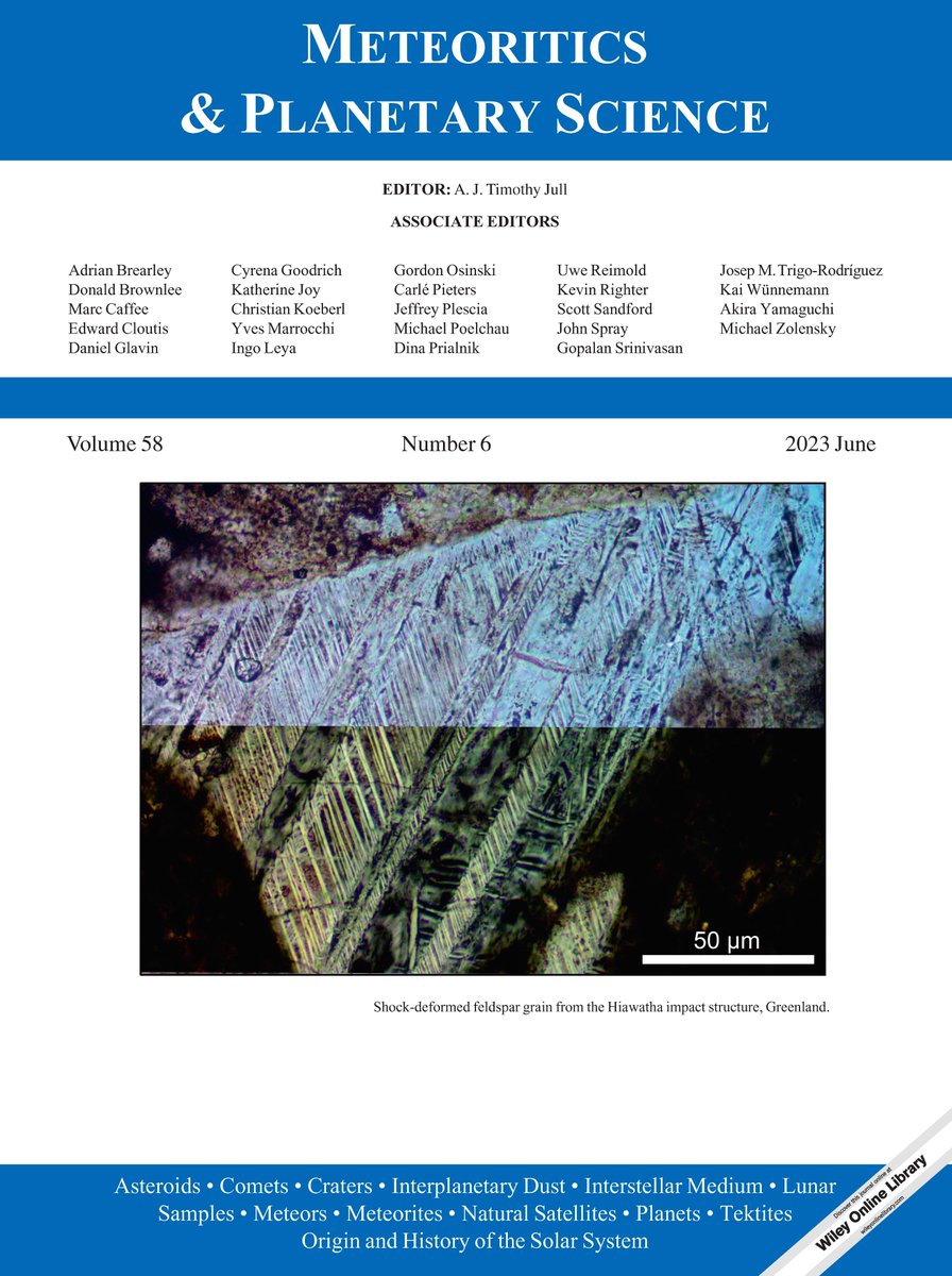 Delighted to showcase an exciting image on the cover of this month's MAPS issue📸

Here we have a shock-deformed feldspar grain displaying alternate twin deformation from the #Hiawatha impact structure, Greenland 🇬🇱☄️