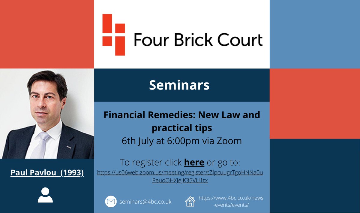 To register, click the link below: lnkd.in/e-ZS2gdM

#FourBrickCourt #Seminars #FinancialRemedies #Zoom