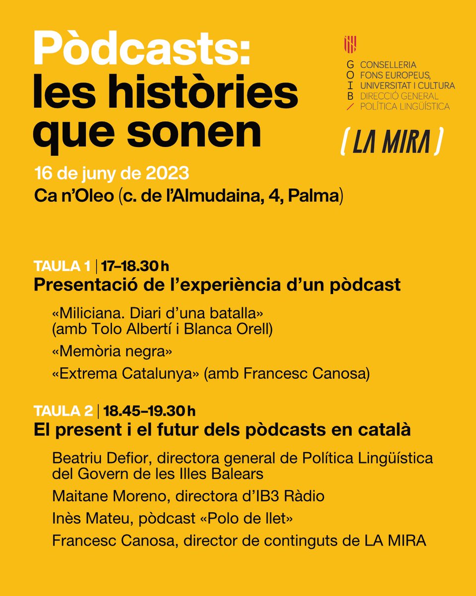 ibsteam_caib's tweet photo. 📢jornada «Pòdcasts: les històries que sonen» es durà a terme el pròxim divendres, dia 16 de juny, a partir de les 17 hores, a Ca n’Oleo (a Palma).
 2️⃣ Taules rodones on es debatrà sobre el present i el futur dels pòdcasts en català. 
@EDUN_IB https://t.co/DdIA1VoTkZ