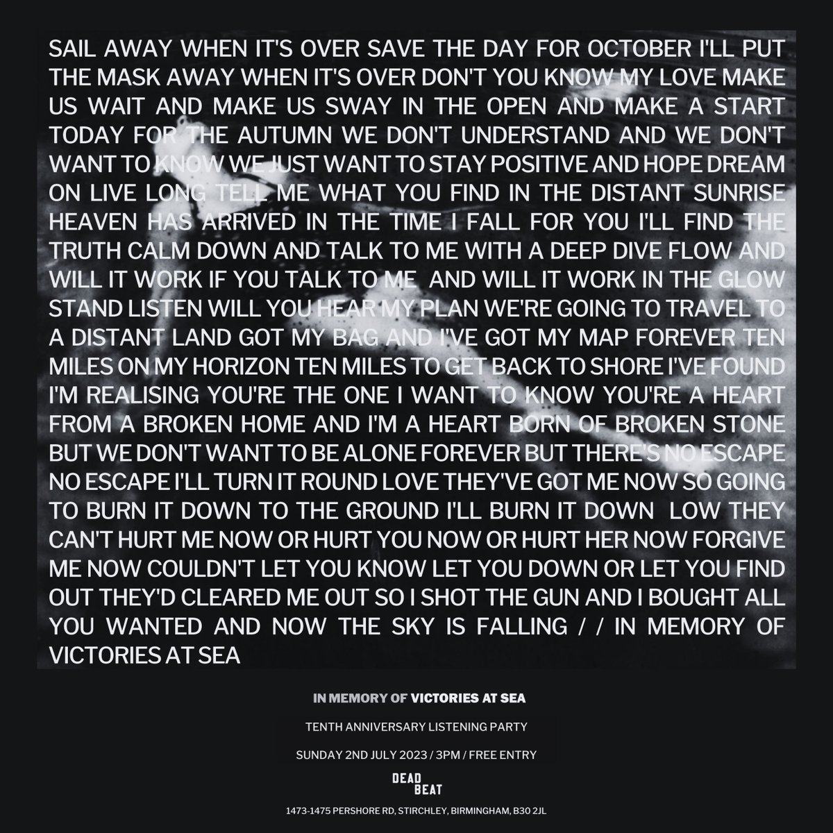 In Memory of Victories at Sea our debut EP turns 10 years old to celebrate on Sunday 2nd July we’ll be hosting a listening party at Birmingham’s new dive bar DEAD BEAT in Stirchley. It’s going to be an afternoon affair, with DJs, and low resolution live performance, free from 3pm