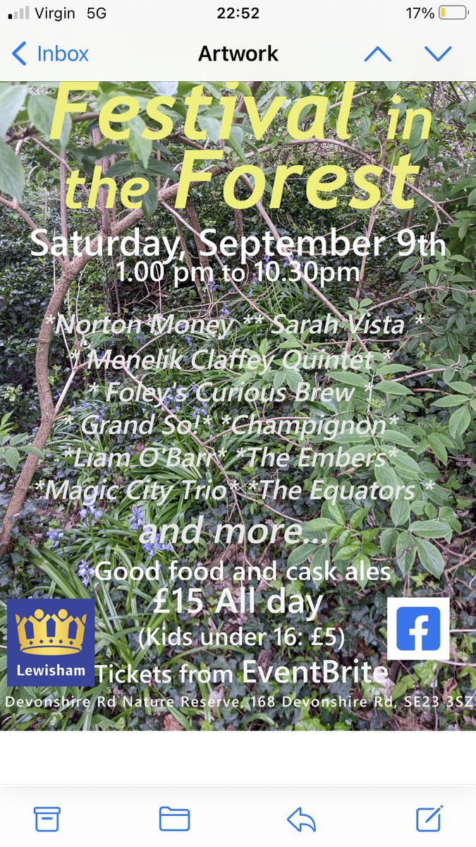 DevonshireRoadN's tweet photo. ‘Save the Date’
This year’s Festival in the Forest will be Sat 9th September.
Tickets on sale through Eventbrite in August. https://t.co/U8OxW2PtE7