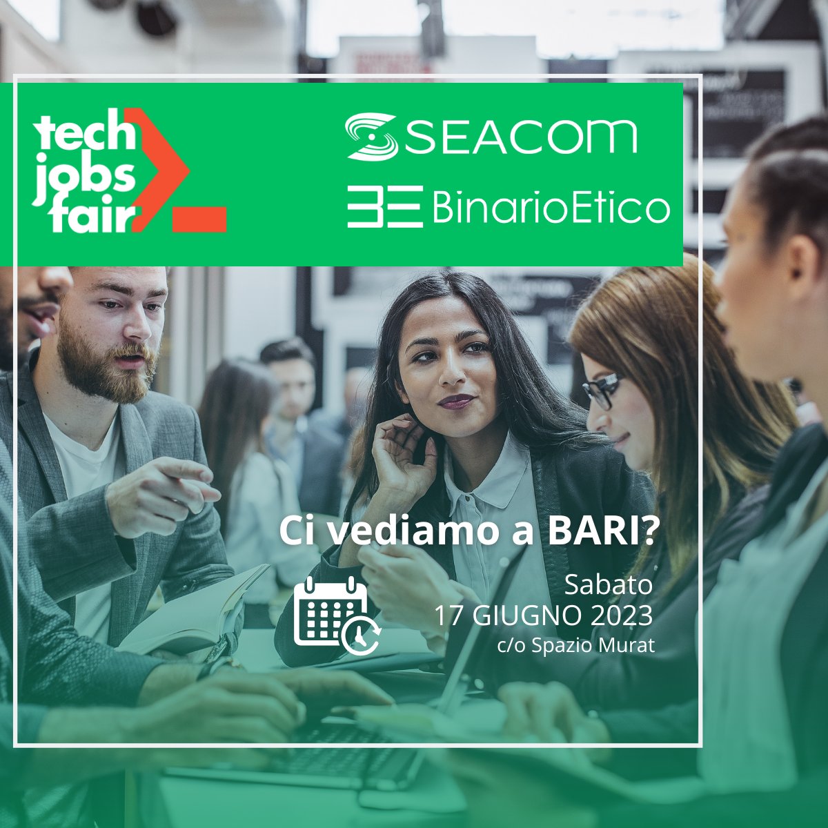 binario_etico's tweet photo. 🌟 TECH JOBS FAIR BARI: partecipa gratuitamente e incontriamoci in questa giornata di networking, formazione e condivisione di aspirazioni e opportunità di lavoro.
Non mancare, ti aspettiamo allo @SpazioMurat, desk 2!
#TechJobs #BariTech #OpportunitàLavorative #lavoraconnoi https://t.co/sXxui6p7bU