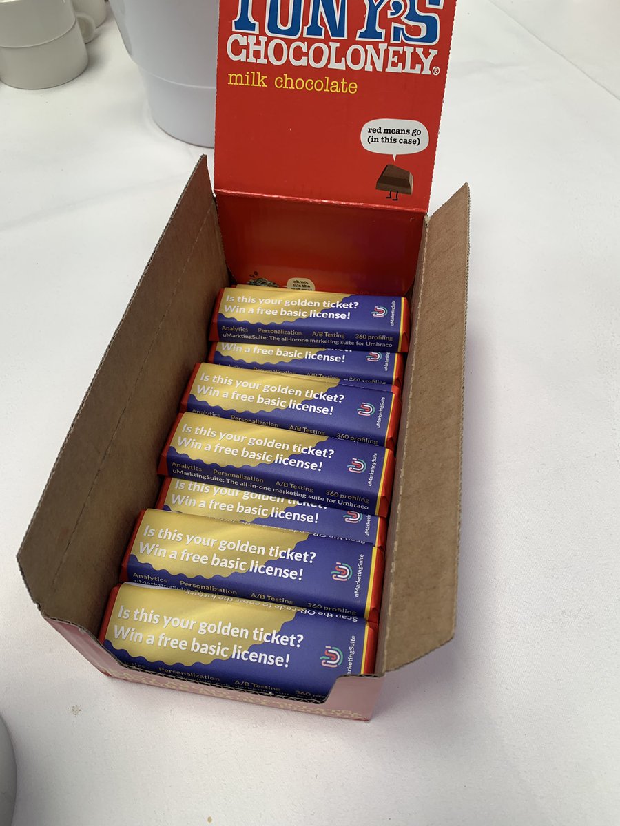 Keep an eye out for the @uMarketingSuite chocolate bars at #umbraco CodeGarden! Enjoy the chocolate, scan the QR code and find out if you won a free license! #chocolatefactory #win #enjoy