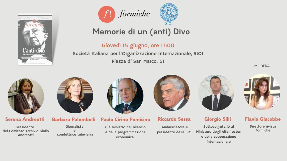 🔴 Save the date 🔴

🕔 Giovedì 15 giugno, ore 17 alla <a href="/SIOItweet/">SIOI UNA ITALY</a> 

📌 Giulio Andreotti, memorie di un (anti) Divo

✉️ RSVP - formicheeventi@gmail.com
