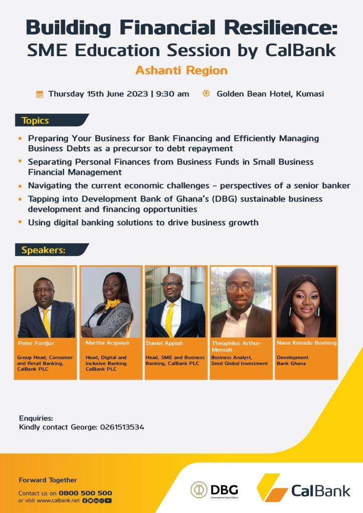 Harnessing the Sustainable Business Development Bank Ghana and Financing Opportunities of @devbankghana. Join @CalBank in Kumasi as we build financial resilience with MSMEs.
#dbg #businessdevelopment #partnerships