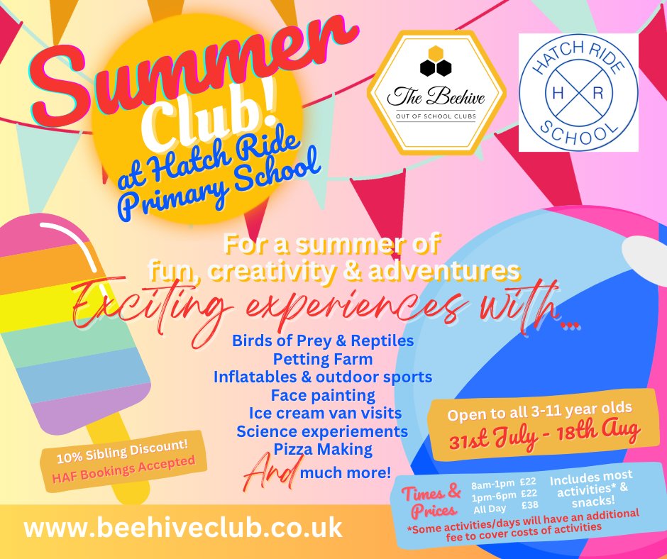 New for summer 2023....The Beehive #SummerHolidayClub at Hatch Ride Primary School!
Open to ALL 3-11 year olds, 31st Jul - 18th Aug for a summer of fun, creativity & adventures!
For more information, to register and book, please visit: beehiveclub.co.uk/holidayclubs