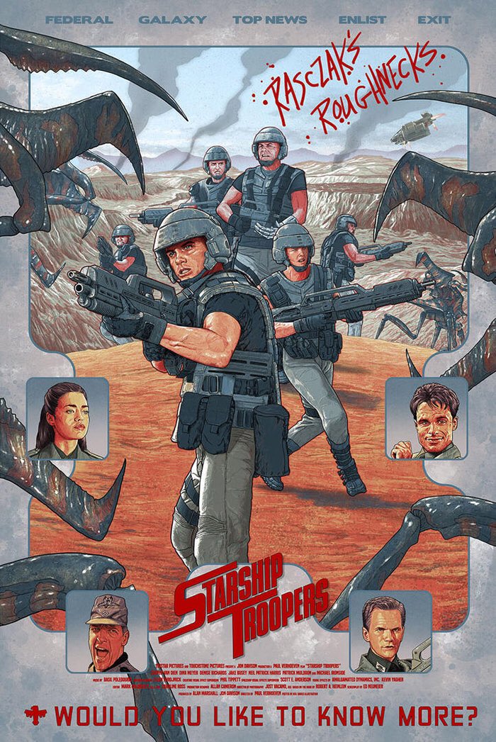 Starship Troopers poster art. #TheActionReturns #TheActionReturnsPodcast #TheHorrorReturns #TheHorrorReturnsPodcast #THRPodcastNetwork #Action #ActionMovies #ActionFilms #ActionTelevision #ActionSeries #ActionMoviePodcast #StarshipTroopers #PaulVerhoeven #NeilDavies