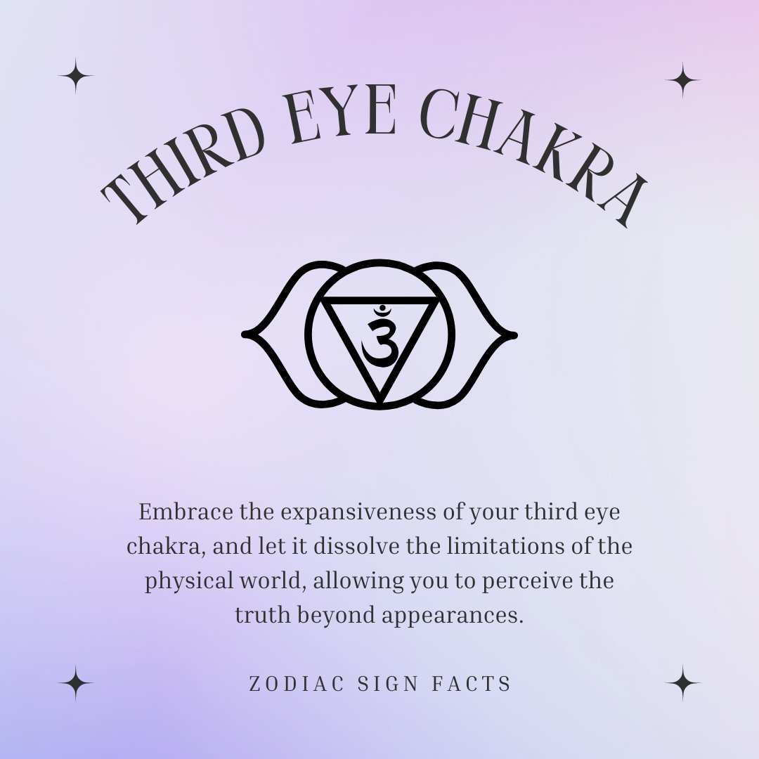 ChakraThird's tweet photo. Embrace the expansiveness of your third eye chakra, and let it dissolve the limitations of the physical world, allowing you to perceive the truth beyond appearances.

#thirdeyechakra #chakra #dailyaffirmations #affirmations #wordsofaffirmation #dailymotivation #manifestation https://t.co/Pd3qhlMQ4c