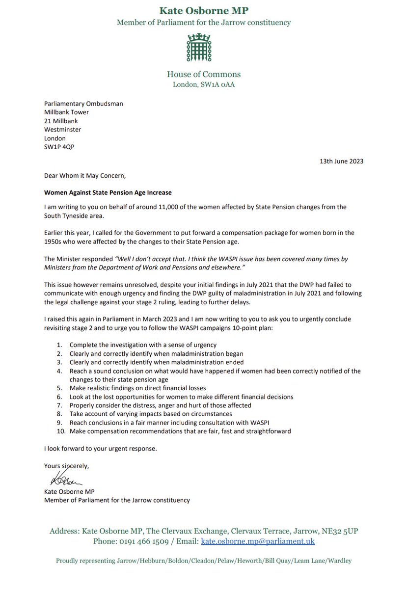 Earlier this year I called on Govt to bring forward a compensation package for 1950s women impacted by state pension changes

On #PensionCredit week of action I've written to the Ombudsman on behalf of @WASPI_Campaign in my constituency urging Govt to follow #WASPI 10-point plan