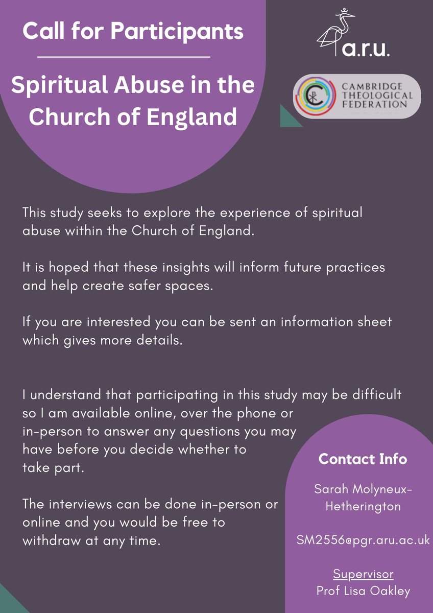 I am excited to announce that I am now calling for participants for a second study, this time on Spiritual Abuse in the Church of England. 

This is such an important and yet overlooked area.

Please retweet if you can.

#SpiritualAbuse #ReligiousTrauma #ChurchTrauma #ChurchToo