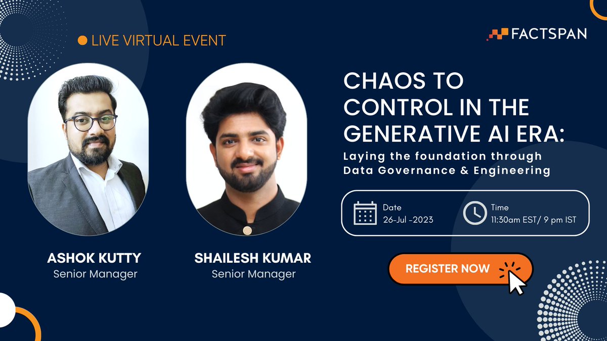 FactspanConnect's tweet photo. Join our info huddle on Generative AI &amp; Data Governance: https://t.co/iojMjPzsoo
✅ Potential &amp; Challenges
✅ Quality, Compliance &amp; Preprocessing
✅ Collaborative Framework
✅ Case Studies &amp; Best Practices
#DataQuality #RegulatoryCompliance #DataPreprocessing #webinar https://t.co/qTGRLAdhIg