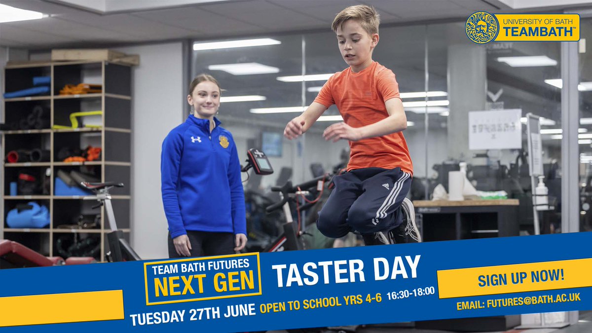 🚨Team Bath Futures Next Gen Taster Day🚨

Get your child ready to take their first steps into the world of Team Bath Futures with our Taster Day - open to school years 4-6🏃

When:
Tuesday 27th June🗓4:30-6pm⏰

Email futures@bath.ac.uk

#TeamBath #TasterDay #YoungAthletes