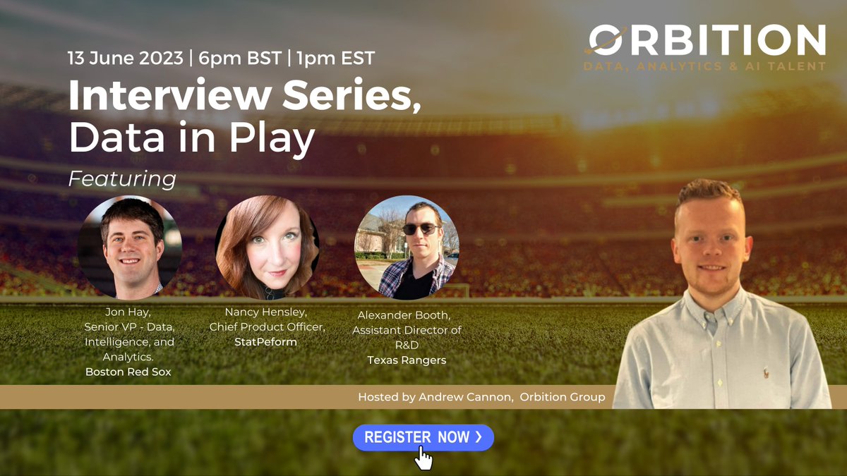 Orbition_Group's tweet photo. 🚀 GOING LIVE TODAY! Guests include:
Alexander Booth, Director of R&amp;D, Texas Rangers Baseball Club
Jon Hay, Senior VP - Data, Intelligence, and Analytics, Boston Red Sox 
Nancy Hensley, Chief Product Officer, Stats Perform

Register below to tune in!
https://t.co/V3F1I7hwLa https://t.co/pL1nep4z5y