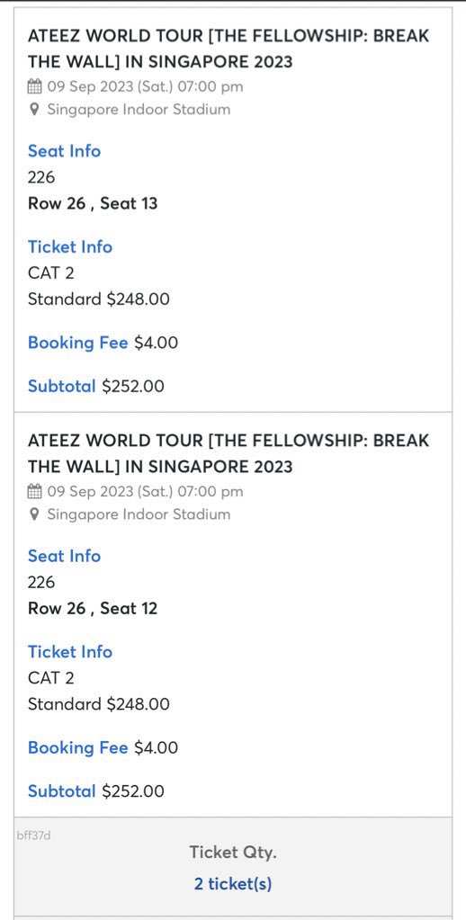 jwltherapy's tweet photo. [WTS] ATEEZ World Tour, The Fellowship: Break The Wall Concert in Singapore

// selling cat 2, section 226 row 26 seat 13
// selling at original price $248 +$4 booking fee ($252)
// will email you the eticket after transaction
// looking for concert buddy to go together with! https://t.co/ZkzXwDwDii