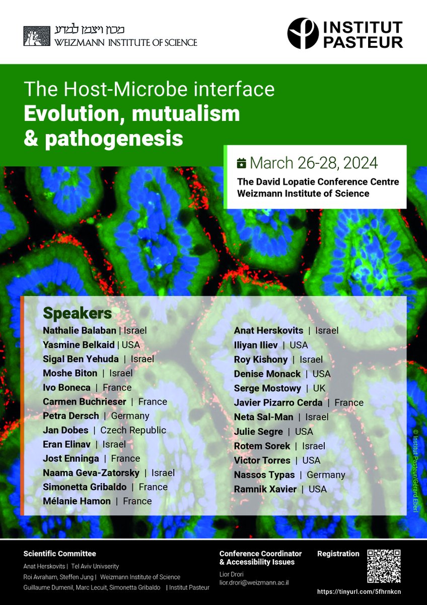 We are happy to announce the Weizmann-Pasteur conference on "The Host-Microbe interface: Evolution, mutualism &amp; pathogenesis meeting" in Israel, March 26-28, 2024. 

Registration: conferences.weizmann.ac.il/HMEMP2024/

<a href="/institutpasteur/">Institut Pasteur, since 1887</a> <a href="/WeizmannScience/">Weizmann Institute</a> @TheJungLab <a href="/DumenilLab/">THE DUMENIL LAB</a> <a href="/BIUPasteur/">Lecuit Lab</a>