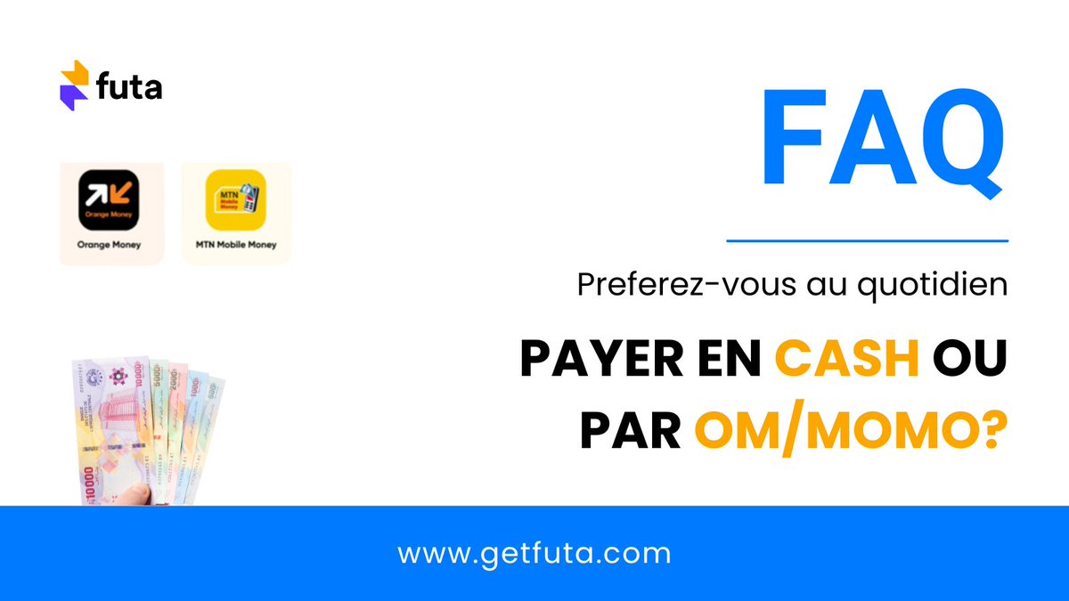 Hey #champion tu effectues tes payements au quotidien de quelle façon? En #Cash ou par #mobilemoney? Donnes ta réponses en commentaire
#futa #futamobile #Fintech50 #Cameroun