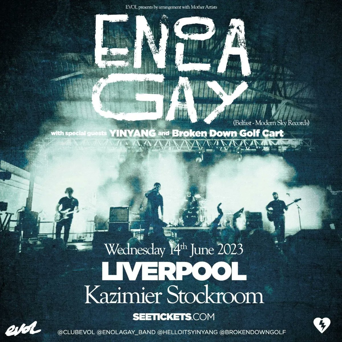 TOMORROW NIGHT: Brace yourselves for a leviathan level show in the intimate space @KazStockroom as magnificent Belfast noise art-punks ENOLA GAY return with special guests: the alt hip-hop of @helloitsyinyang & the spacey grunge of @brokendowngolf. TIX: seetickets.com/event/enola-ga…
