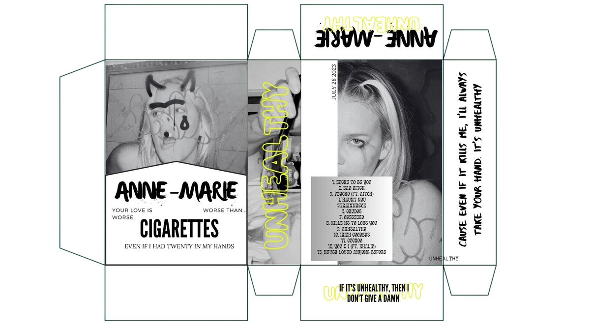 AMninjaarwynne's tweet photo. Made an Anne-Marie  Cigarettes box inspired. Called it the “UNHEALTHY” box. It’s not perfect but you can definitely use the lay out I made and put anything you want inside your DIY 🍟UNHEALTHY🤠 box. @AnneMarie https://t.co/TZToSc7e27