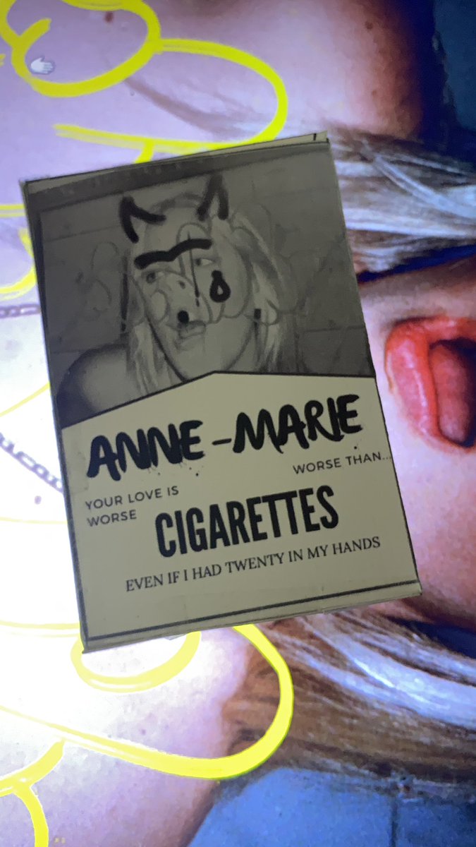 AMninjaarwynne's tweet photo. Made an Anne-Marie  Cigarettes box inspired. Called it the “UNHEALTHY” box. It’s not perfect but you can definitely use the lay out I made and put anything you want inside your DIY 🍟UNHEALTHY🤠 box. @AnneMarie https://t.co/TZToSc7e27