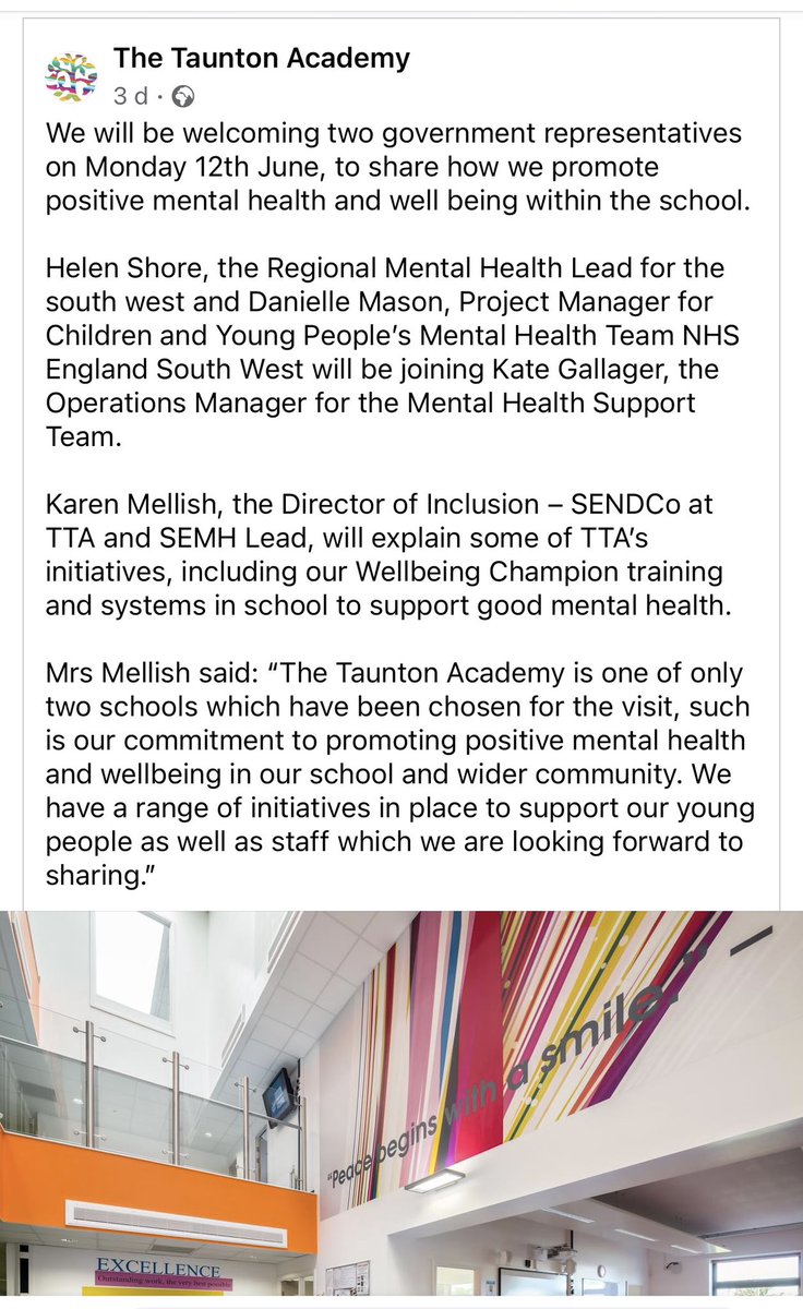 It was a real pleasure to visit @TauntonAcademy yesterday and meet with staff and students to look at some of the great things that they are doing around mental health and well-being in the school …. Well done done and thank you 🙏🏼 @NHSEngland @educationgovuk