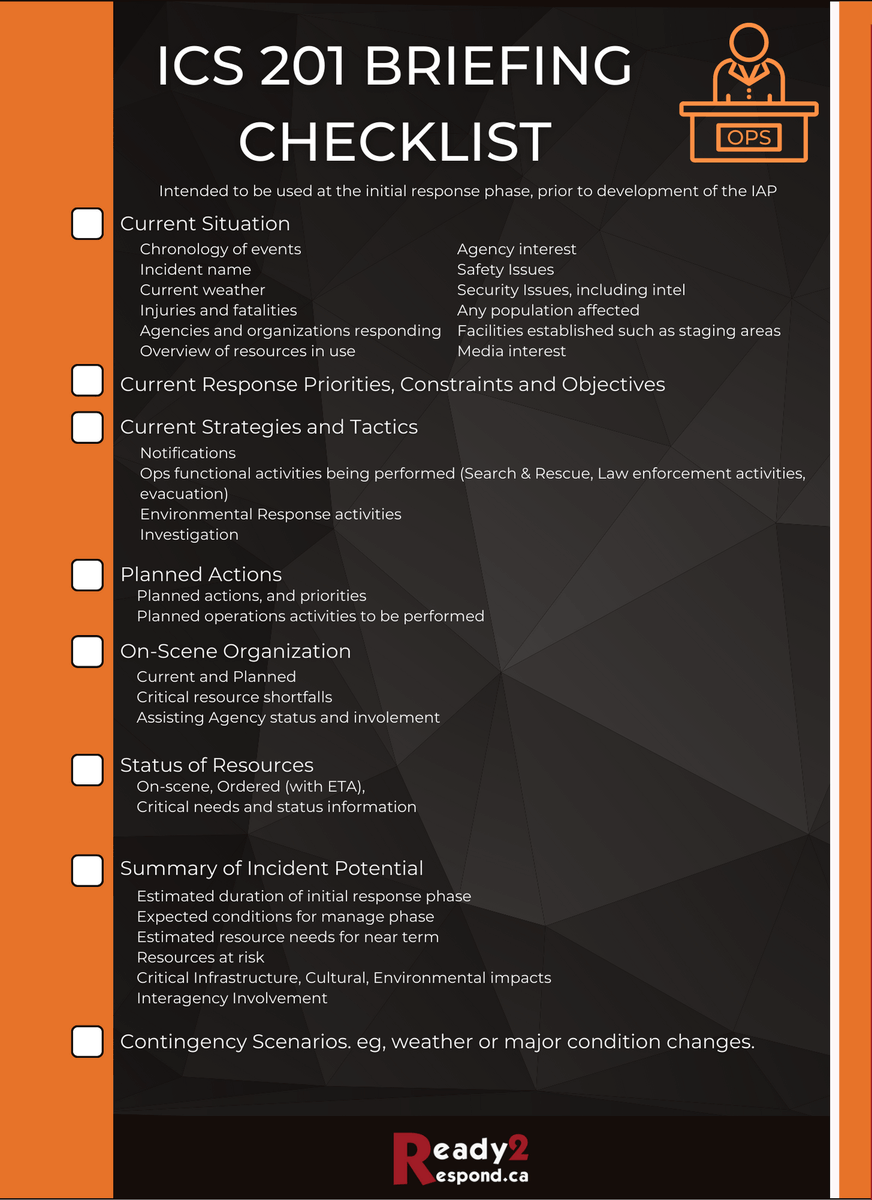 Ready2Respnd's tweet image. Who doesn't love a good checklist?

Sharing this static one for you to keep in your own toolkit!

#incidentcommandsystem #ics #NIMS #emergencymanagement #publicsafety #incidentmanagement #incidentresponse #bcems #readycheckgo #ready2respond