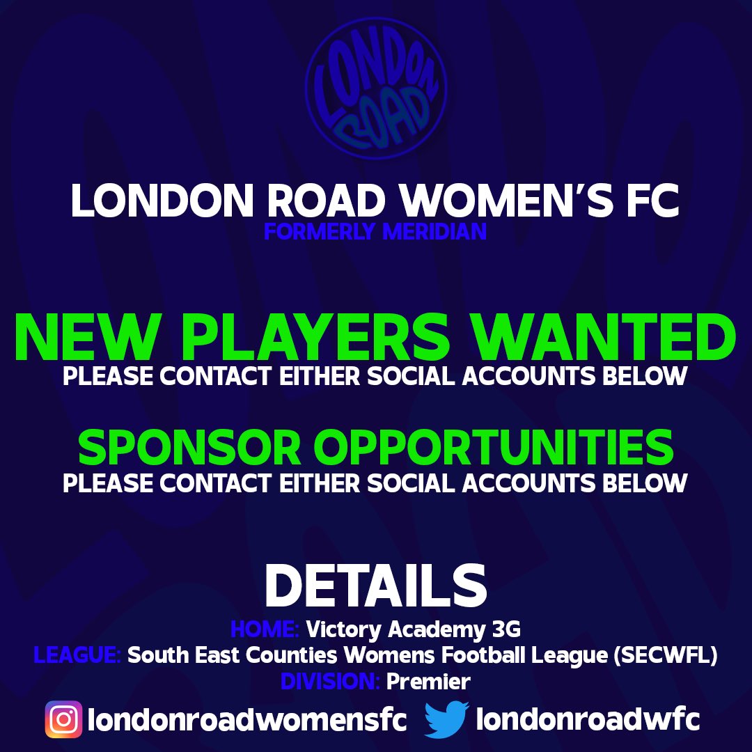 🚨 NEW PLAYERS WANTED 🚨

✍️ London Road Women’s FC are looking to add more names to an already existing team. 

📈 Competing in the SECWFL Premier Division we need committed players in our squad. 

🪧 Opportunities for coaches, sponsors and volunteers also available.
