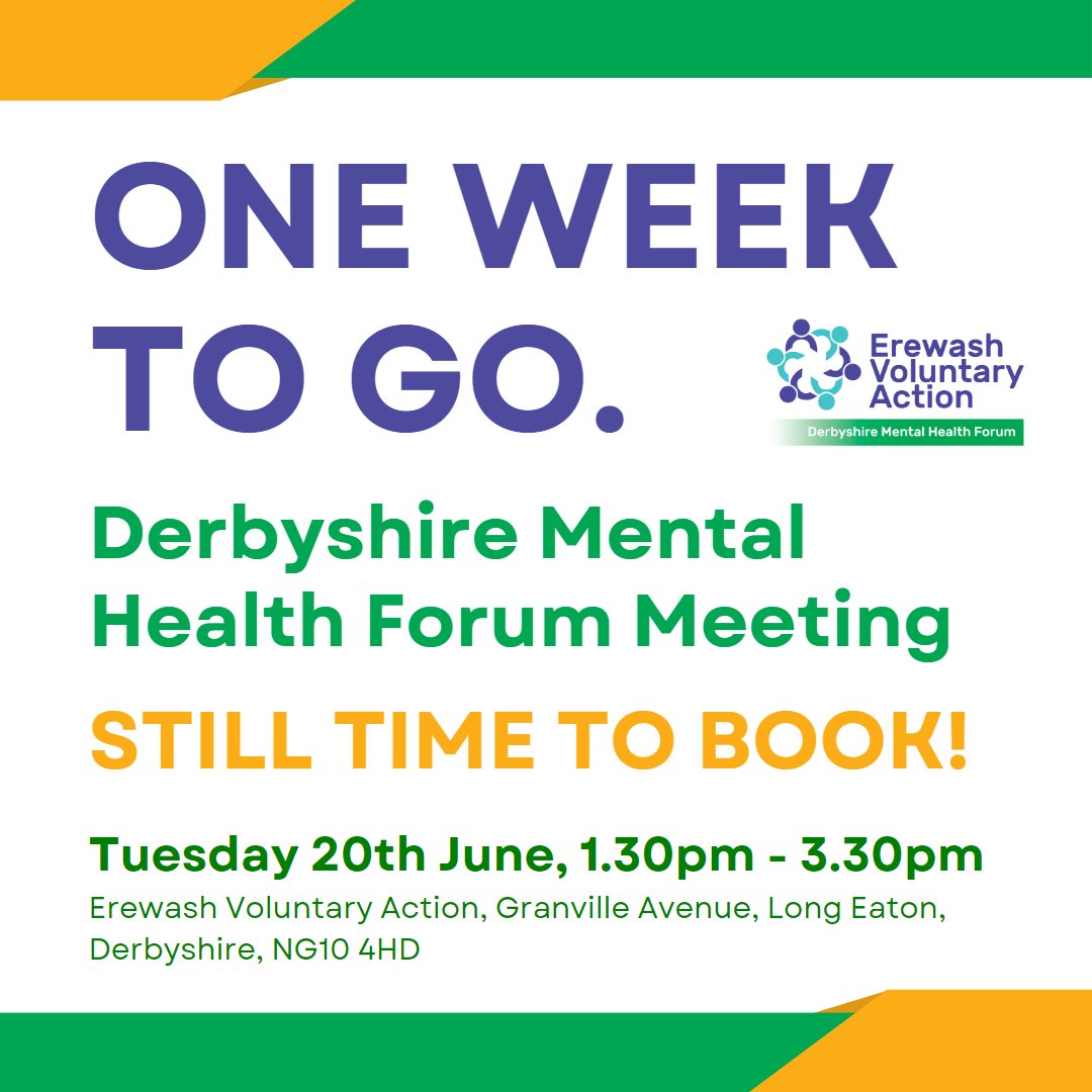 JUST ONE WEEK TO GO! 

⭐ Derbyshire Mental Health Forum Meeting ⭐

BOOK NOW - bit.ly/DMHF0623

#derbyshirementalhealth #mentalhealthgroup #mentalhealthcharity