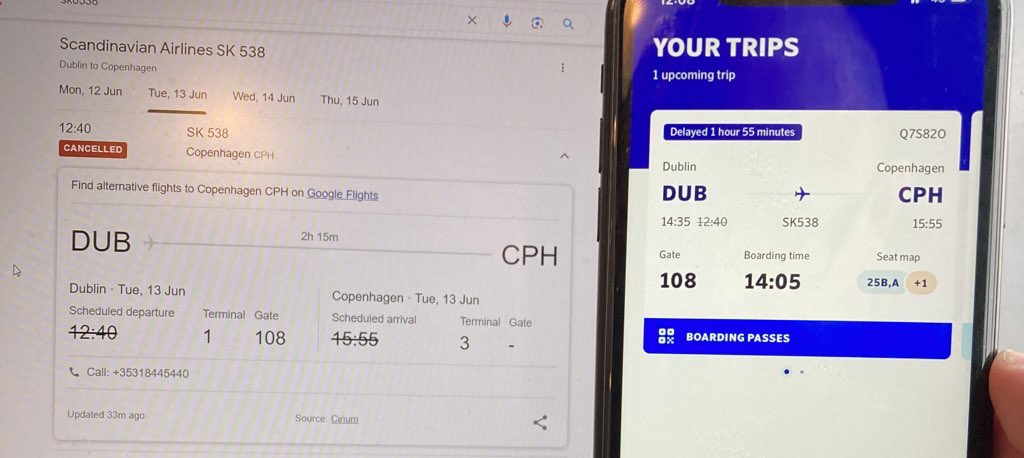 cautchy's tweet photo. @SAS hi why can google tell me my flight is cancelled but the app keeps saying it’s delayed #SK538. The inbound flight CPH-DUB is cancelled also #SK537 https://t.co/NgF3GvHMWf