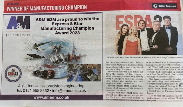 AandMEDM's tweet photo. Coverage of our #Manufacturing Champion #ESBA award in today's @ExpressandStar. Engineering & modern Manufacturing thrive in the #BlackCountry.
@JohnCorser_Star #precisionengineering #supportukmfg #GBmfg #ukmfg https://t.co/L5Jm98bk0W