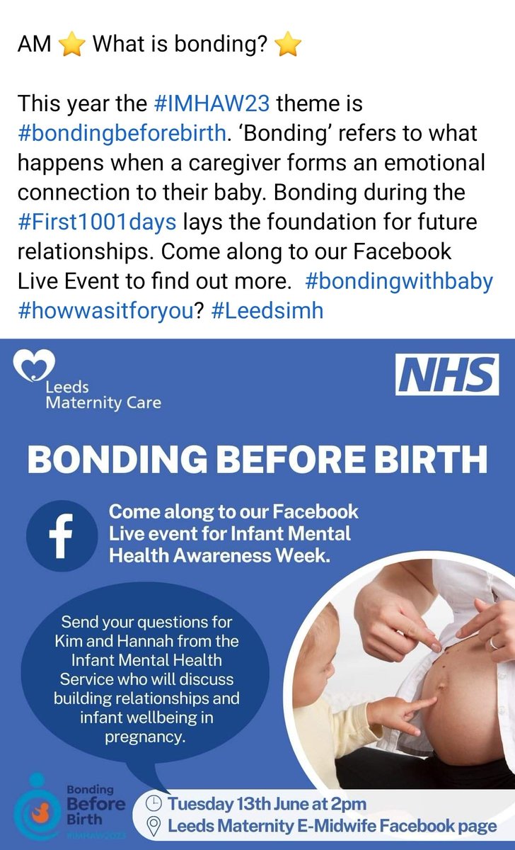 This year #IMHAW2023 is all about #BondingBeforeBirth and our incredible team are going to be part of a Facebook Live Event to think about this topic, what helps and what can get in the way. @ParentInfantFdn @salhogg @LCHNHSTrust @KensingtonRoyal @KarenJBateson @suzannezeedyk
