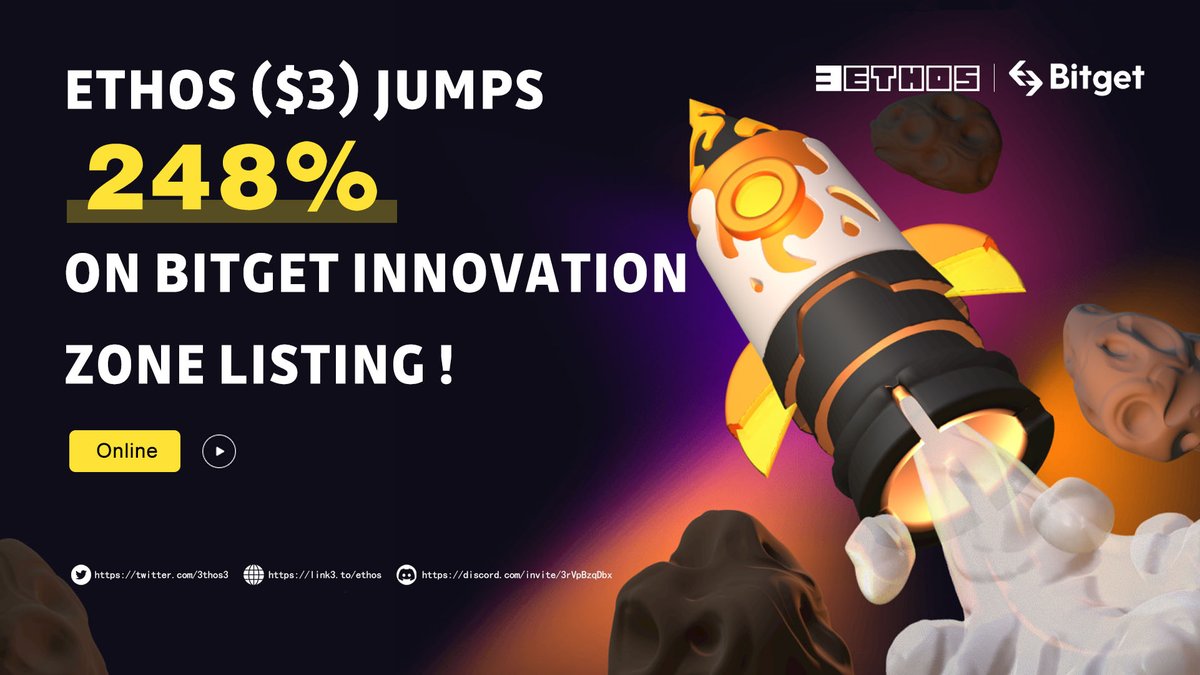 3thos3's tweet photo. 🚀🚀 #Ethos ($3TH) victory influx!！

🎉🎉Ethos ($3) jumps 248% on the Bitget Innovation Zone listing！

👏🏻👏🏻Let's look forward to the next milestone! https://t.co/miJNE85FQB