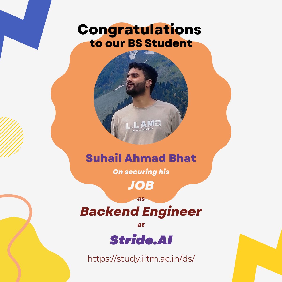 iitm_bs's tweet photo. Hearty Congratulations, Suhail Ahmad Bhat on securing your Job as Backend Engineer at https://t.co/TrmvwrPTXl! We wish you all the best in your career and future. 👏

#IITMadras #DataScience #BSDegree #Career #Education #Internship #Job #Tech #Congratulations #Engineer https://t.co/41FdeNcoFn