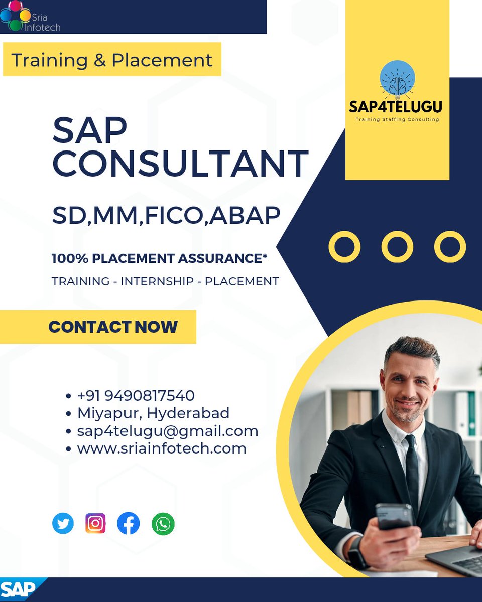 Sap4Telugu's tweet photo. Program: TIP
(Training - Internship - Placement)
Get Trained alongwith Internship to place yourself as an SAP Consultant.
Eligibility & Placement Period:
1. Graduates (9 Months).
2. SAP Trained Graduates(5 Months).
3. Non IT Domain Experienced Personnel (9 Months).
#SAP4Telugu https://t.co/d7Fm4Iapoc