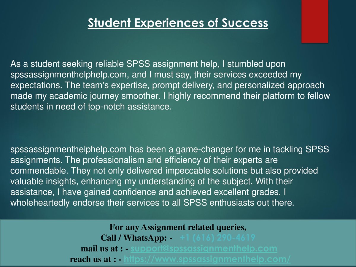 SPSSAssignment's tweet image. Do you require assistance with your SPSS assignments? You've landed at the perfect destination! Our website, spssassignmenthelp.com, has garnered a remarkable number of favorable feedback from contented students on well-known platforms like Site Jabber.
#education #students