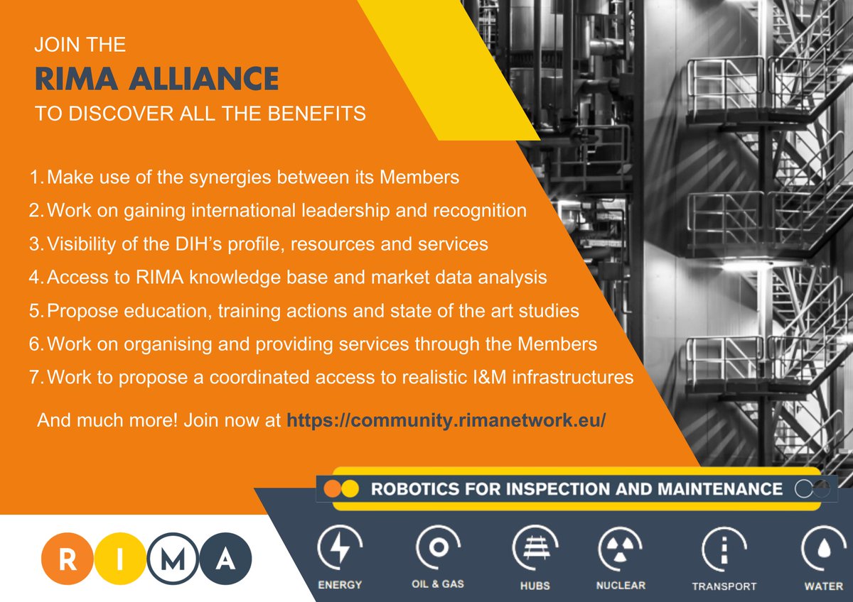 🚀 Are you passionate about #robotics, #inspection, and #maintenance? The RIMA Alliance offers a gateway to cutting-edge research, joint publications, state-of-the-art training programs, and more. Join the online presentation (19th June, 16:30-17:30) at: eventbrite.es/e/rima-allianc…